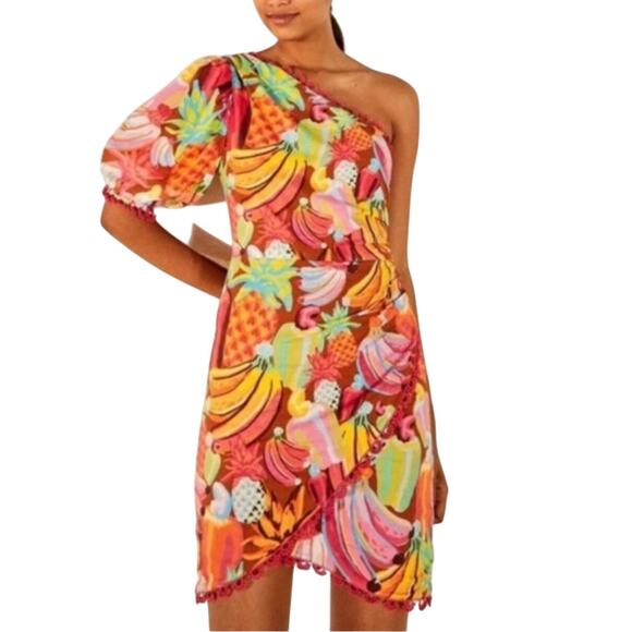 Farm Rio x Anthropologie Fruit Salad One-Shoulder Pom Pom Dress Size XS - Picture 1 of 12